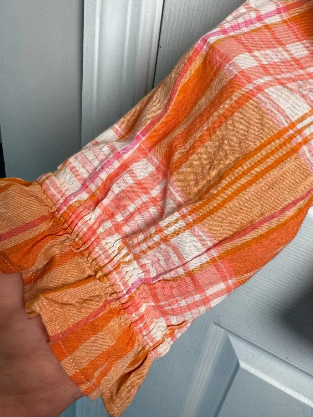 J.Crew Orange Plaid Ruffle Neck Cotton Blouse XXS Peasant Top Fits Size Small